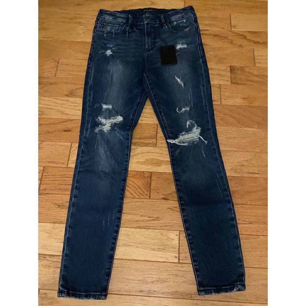 NWT Dear John, women's Gisele Skinny, distressed dark wash, mid rise jeans sz 27